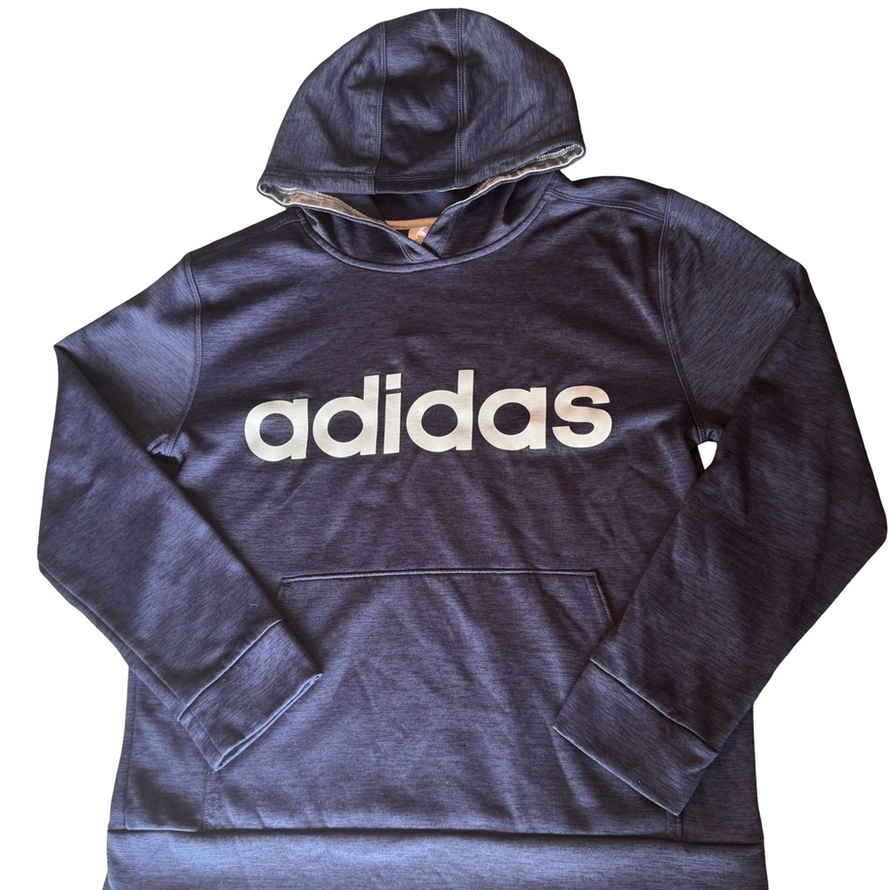 Adidas Youth Large (14/16) Navy Blue Hoodie Silver Logo Pullover Kangaroo Pocket